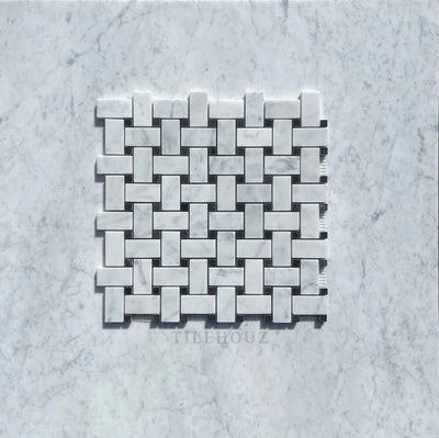 Carrara White Marble Basketweave Mosaic Tile (W/ Black Dots) Polished&Honed