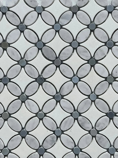 Carrara White Marble Florita Flower Mosaic Tile (Thassos + (Oval) Bardiglio/Blue-Gray (Dots))