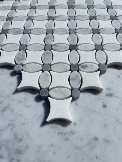 Carrara White Marble Florita Flower Mosaic Tile (Thassos + (Oval) Bardiglio/Blue-Gray (Dots))