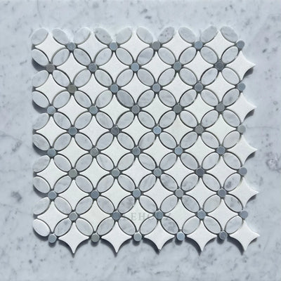 Carrara White Marble Florita Flower Mosaic Tile (Thassos + (Oval) Bardiglio/Blue-Gray (Dots))