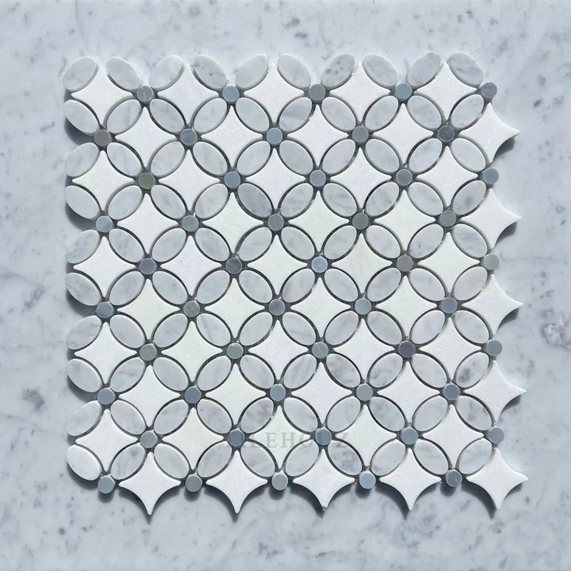 Carrara White Marble Florita Flower Mosaic Tile (Thassos + Carrara (Ov ...