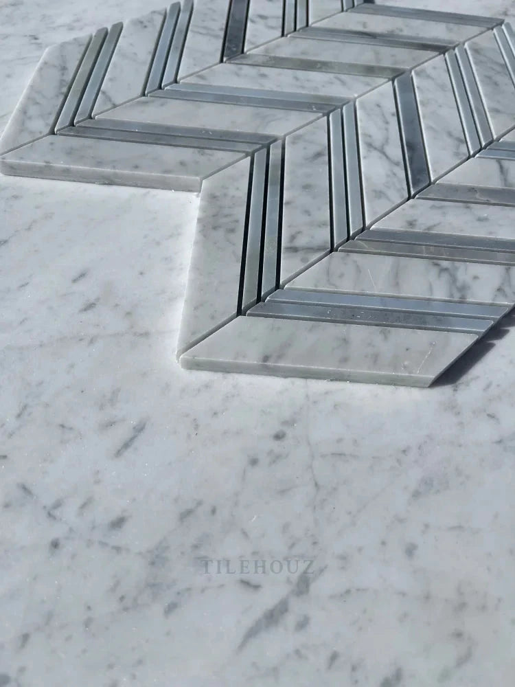 Marble large chevron mosaic tile, Carrara white with Bardiglio blue-gray thin strips, polished & honed finish, Tilehouz