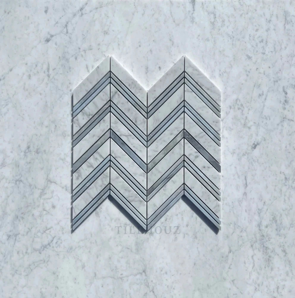 Carrara White Marble large chevron mosaic tile with Bardiglio blue-gray thin strips; polished & honed by Tilehouz