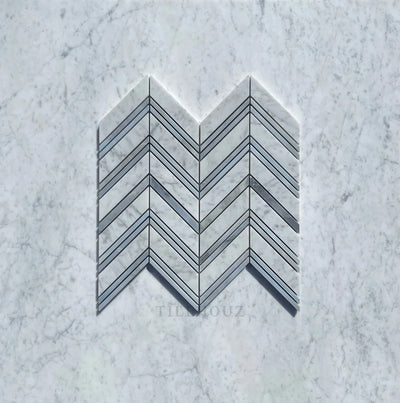 Carrara White Marble Large Chevron Mosaic Tile (Carrara + Bardiglio/Blue-Gray (Thin Strips))