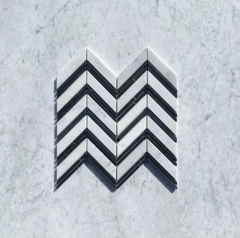 Carrara White Marble Large Chevron Mosaic Tile with black thin strips; polished and honed finish by Tilehouz