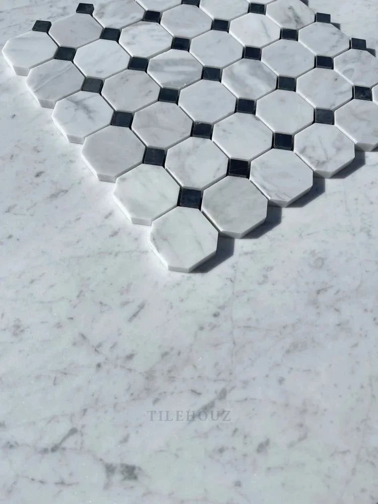 Carrara White Marble Octagon Mosaic Tile with Black Dots, polished and honed by Tilehouz