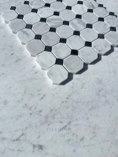 Carrara White Marble Octagon Mosaic Tile (W/ Black Dots) Polished&Honed