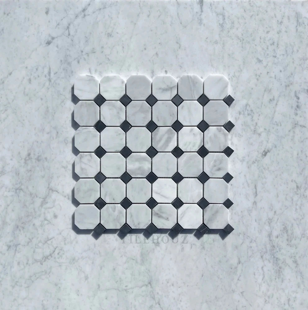 Carrara white marble octagon mosaic tile with black dot accents, polished and honed - Tilehouz