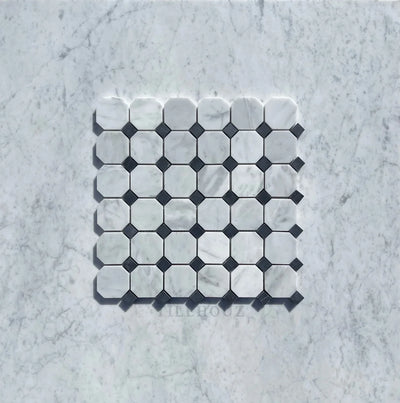 Carrara White Marble Octagon Mosaic Tile (W/ Black Dots) Polished&Honed