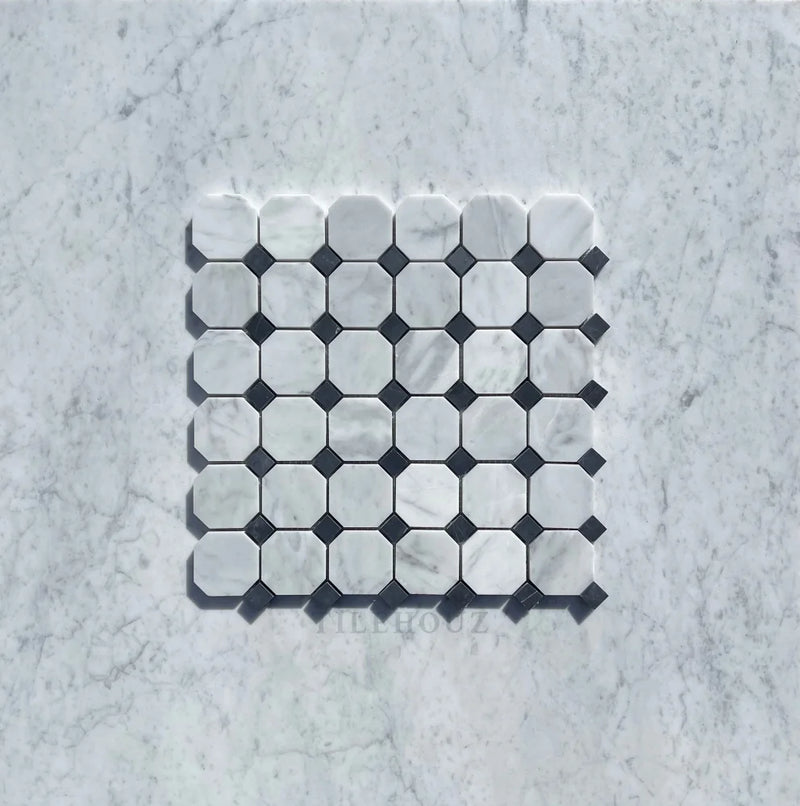 Carrara White Marble Octagon Mosaic Tile (W/ Black Dots) Polished&Honed