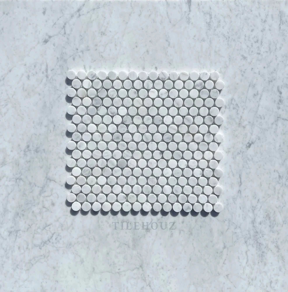 Carrara White Marble penny-round mosaic tile sheet, polished and honed finish, Tilehouz wall tile for kitchens and baths