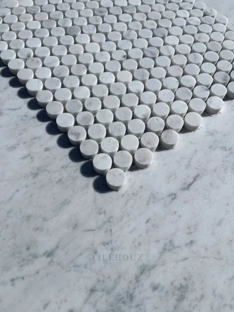 Carrara White Marble Penny Round Mosaic Tiles Tilehouz, polished and honed on sheets
