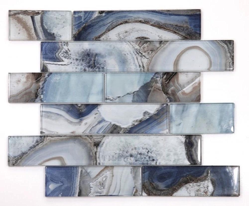 Casale Shell Blue glass mosaic tile sheet with blue-gray swirls, white veining, rectangular strips, 11.75 x 11.75