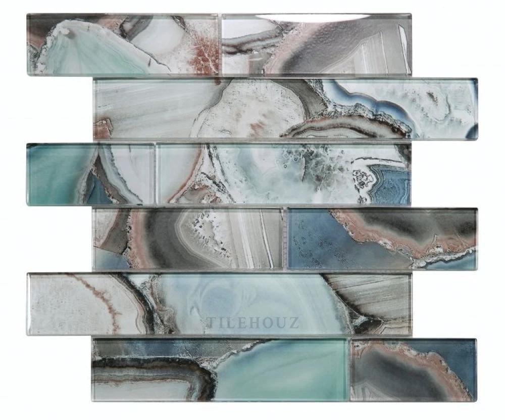 Casale Shell Green glass mosaic tile 11.75 x 11.75 in by Tilehouz with green, blue, and gray swirls.
