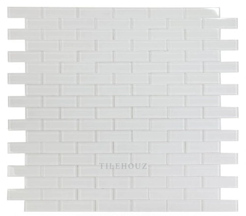 Casale White Shining 11.75 x 11.75 Glass Mosaic tile; white polished glass, brick-pattern, Tilehouz wall & ceiling tile.