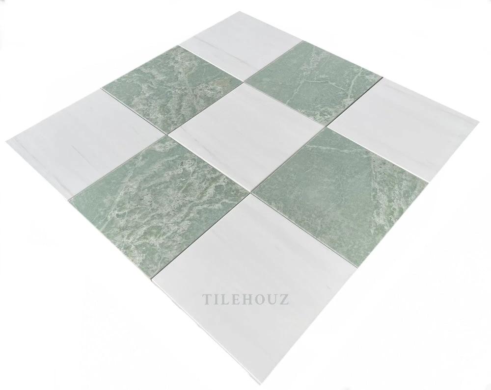 Checkerboard Ming Green and Bianco Dolomite marble tiles (9 tiles) for wall/ceiling by Tilehouz