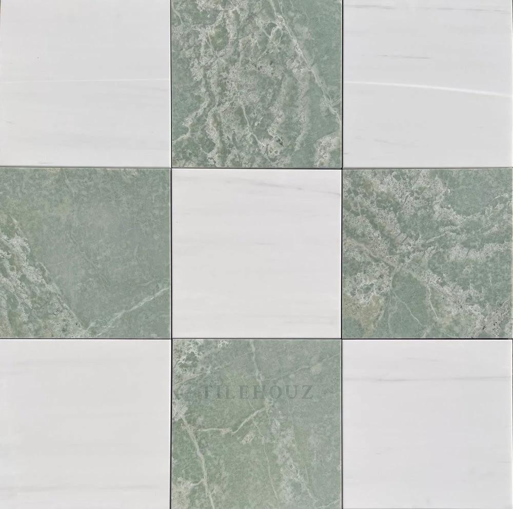 Checkerboard Ming Green & Bianco Dolomite marble tile set of 9, green and white pattern for walls/ceilings, Tilehouz