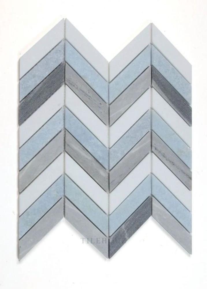 Chevron Deep Ocean marble mosaic tile by Tilehouz, blue-gray chevron pattern, 10.75 x 12.25