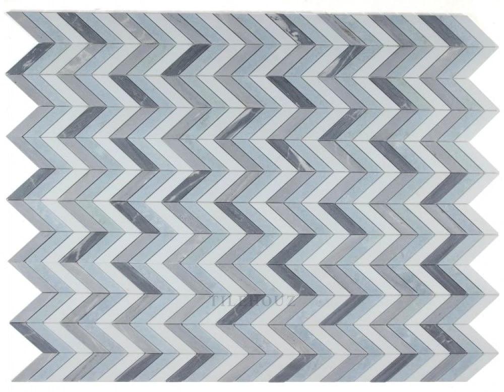Chevron Deep Ocean marble wall tile by Tilehouz, 10.75 x 12.25, blue-gray chevron pattern