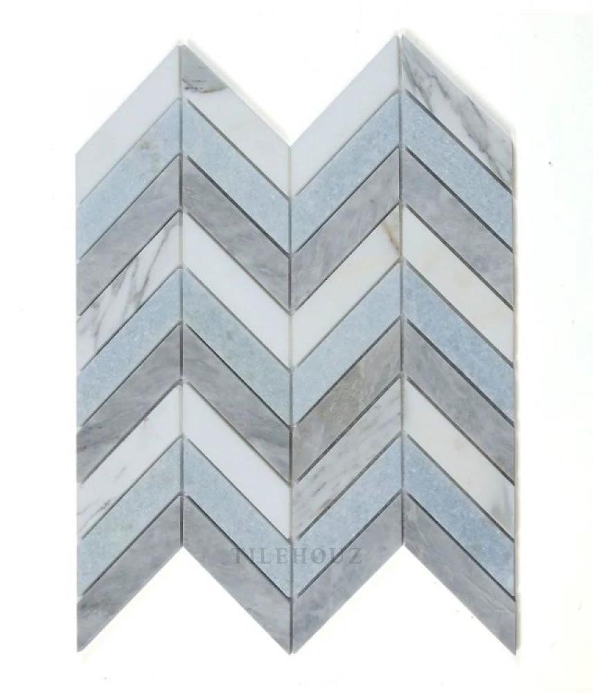 Chevron Livid marble tile sheet; blue-gray chevron pattern with white veining; Tilehouz wall & ceiling tile.