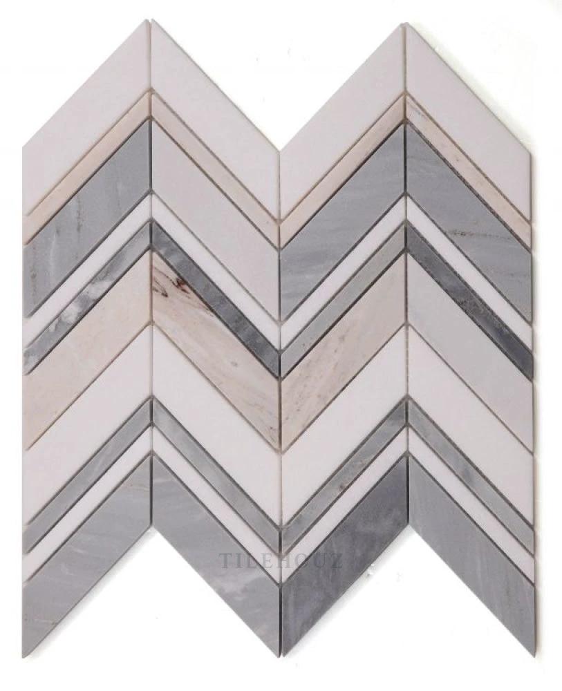 Chevron Ravenna Blue marble wall tile mosaic by Tilehouz, 11.75 x 12.25