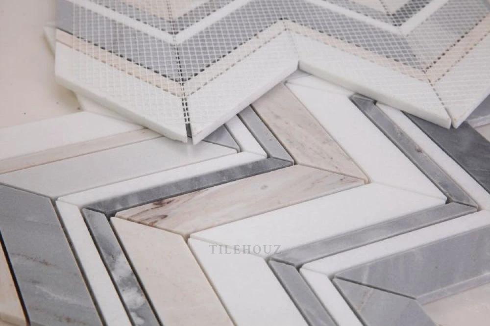 Chevron Ravenna Blue marble wall tile mosaic by Tilehouz, 11.75 x 12.25 in, chevron and herringbone pattern