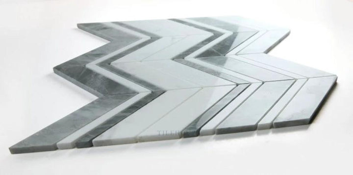 Chevron Ravenna Grey marble wall &amp; ceiling tile by Tilehouz, 11.75 x 12.25
