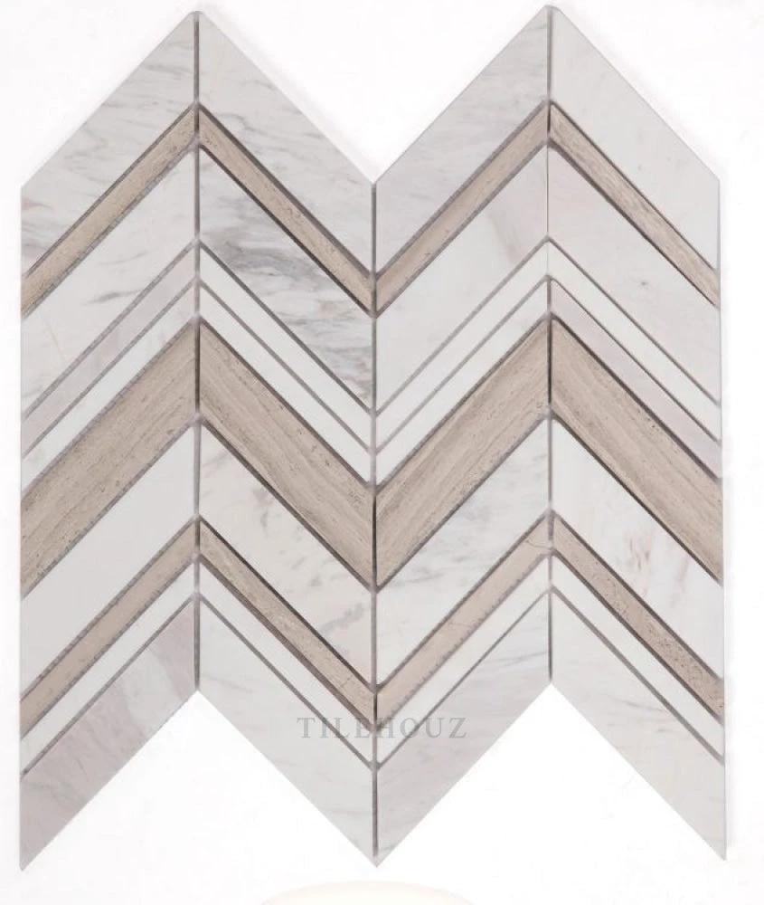 Chevron Ravenna Loft marble wall and ceiling tile by Tilehouz, 11.75 x 12.25 in, white-gray veined chevron.