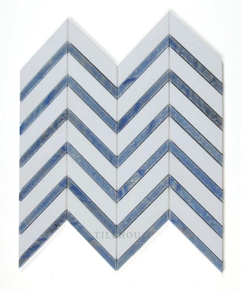 Chevron Royal Sapphire 12 x 12 Marble Mosaic tile, white and blue chevron pattern by Tilehouz.