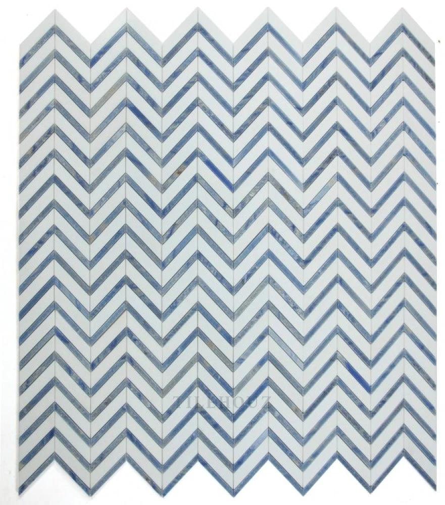Chevron Royal Sapphire 12x12 marble mosaic tile in blue and white chevron pattern for walls Tilehouz