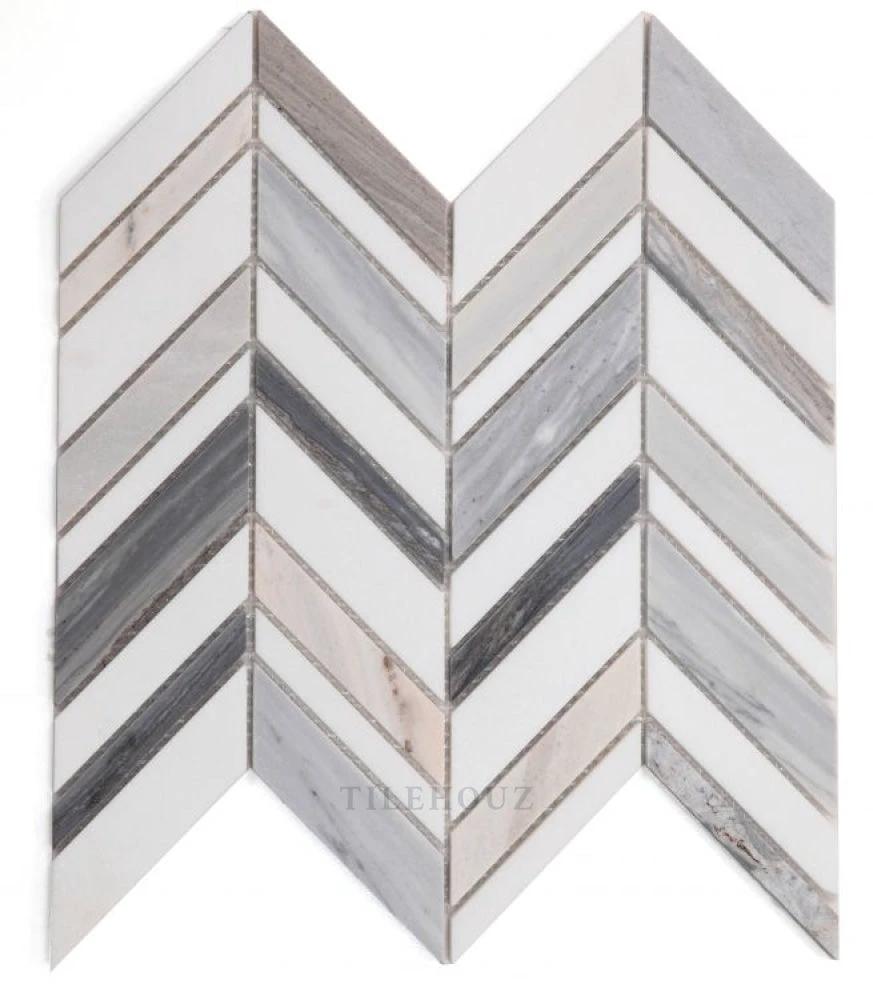 Chevron Shadow Blue marble wall tile by Tilehouz, 11.75 x 12, chevron pattern