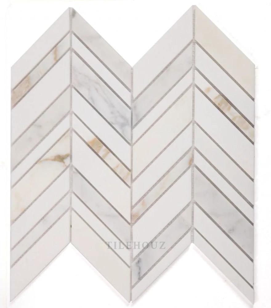 Chevron Shadow Calacatta marble wall tile sample, two white chevron panels with gray veining, Tilehouz