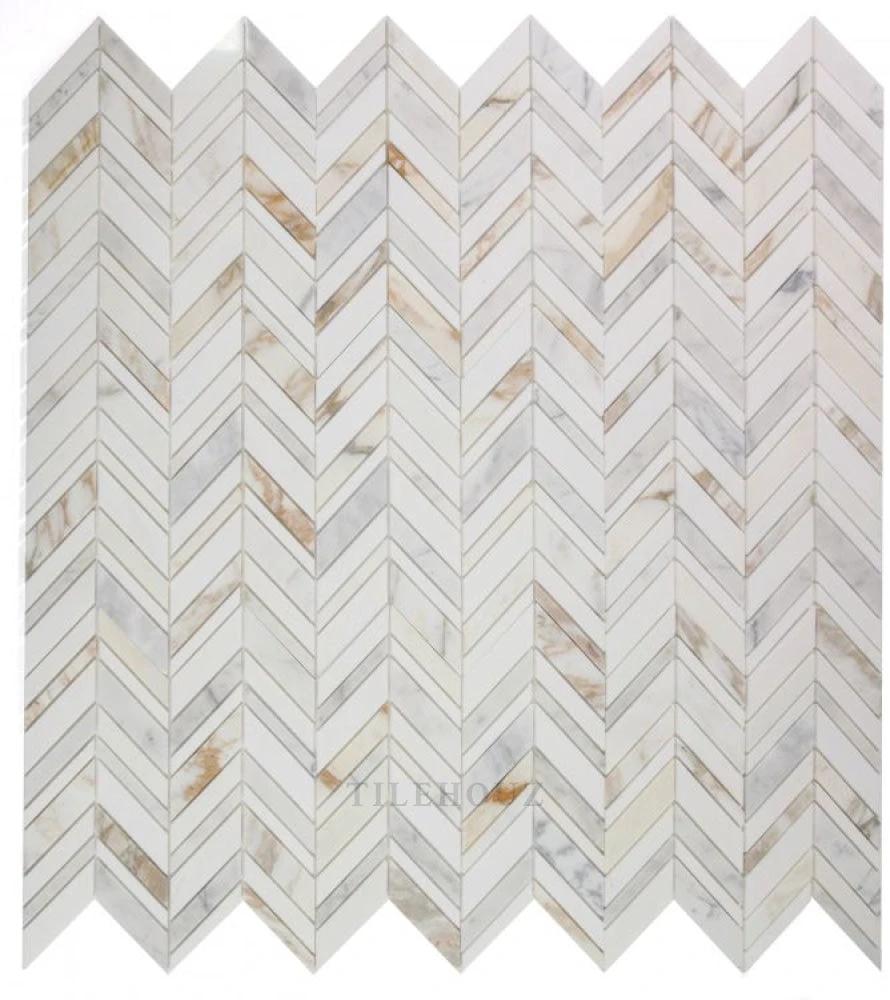 Chevron Shadow Calacatta marble wall tile by Tilehouz, 11.75 x 12 in, chevron pattern