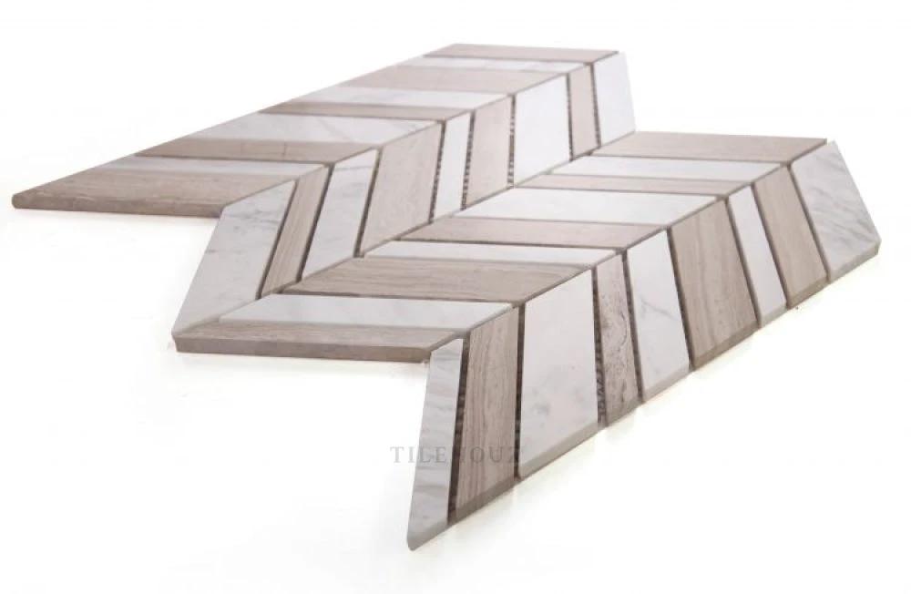 Chevron Shadow Loft marble tile by Tilehouz, gray-beige chevron pattern for wall and ceiling, 11.75 x 12