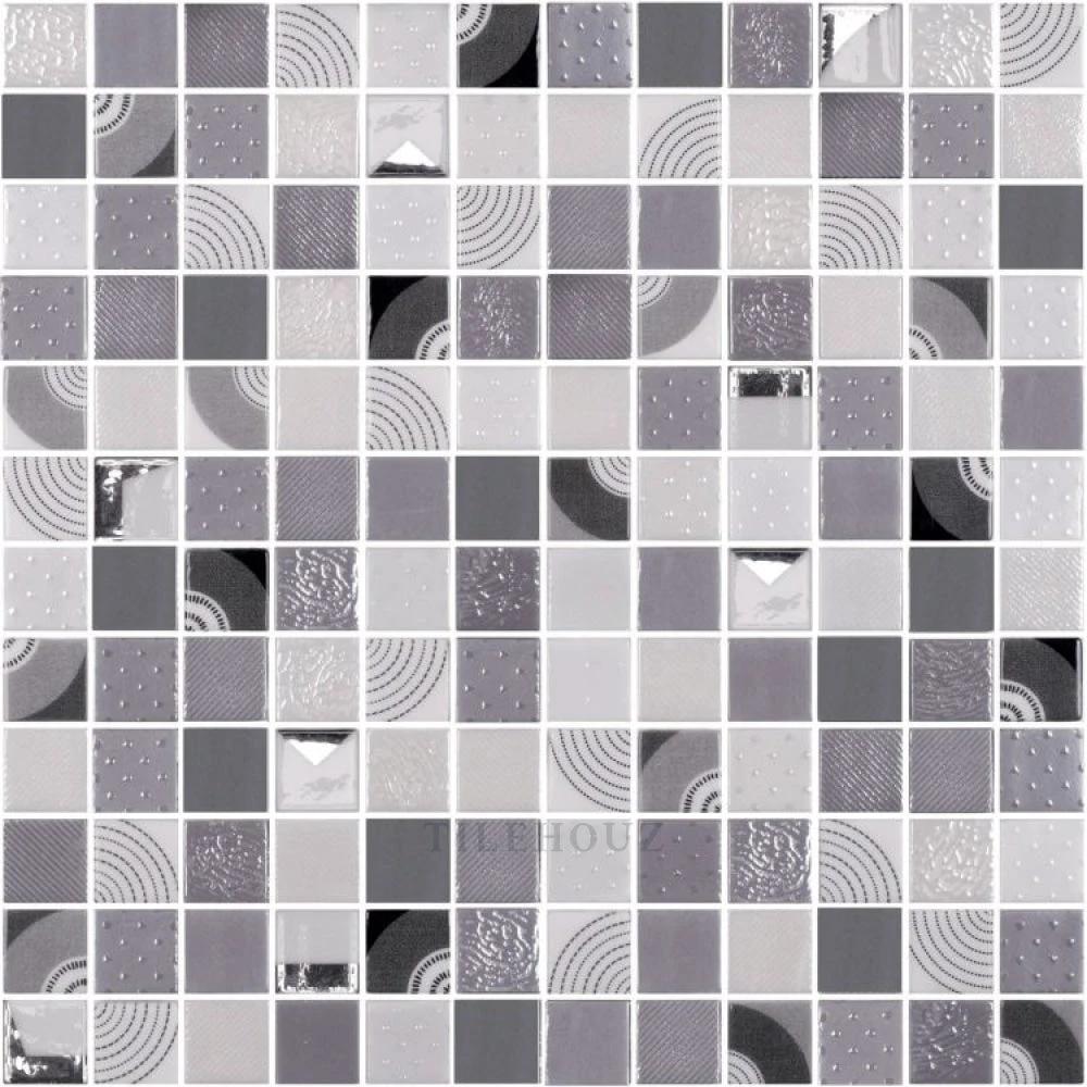Chroma Shasta Malla square glass mosaic tile, 12.25 x 12.25 in, grey tones, Tilehouz
