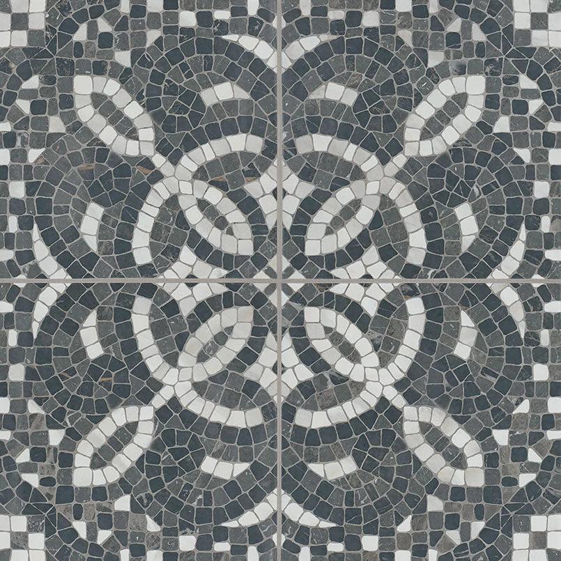 Constantino 8x8 Deco Encaustic porcelain tile with black, white and gray mosaic pattern by Tilehouz wall ceiling tile