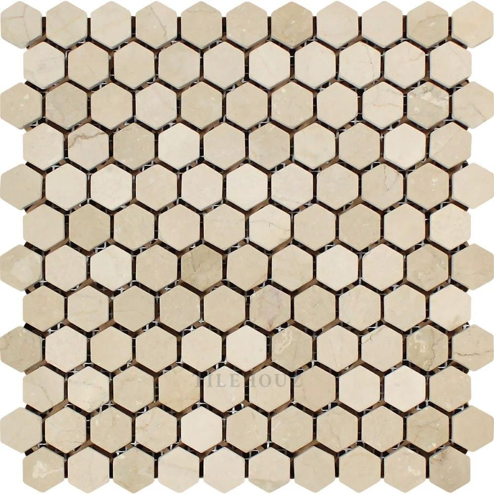 Crema Marfil Marble 1in Hexagon Tumbled Mosaic Tile sheet, beige marble by Tilehouz