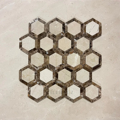 Crema Marfil Marble Vortex Hexagon W/Emperador Dark Border Polished/Honed