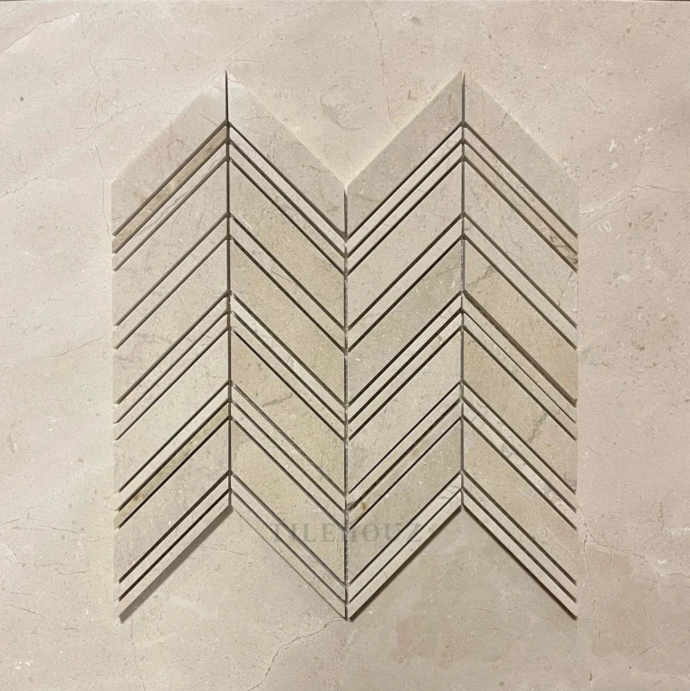 Crema Marfil marble large chevron wall tile with crema Marfil strips, polished/honed finish