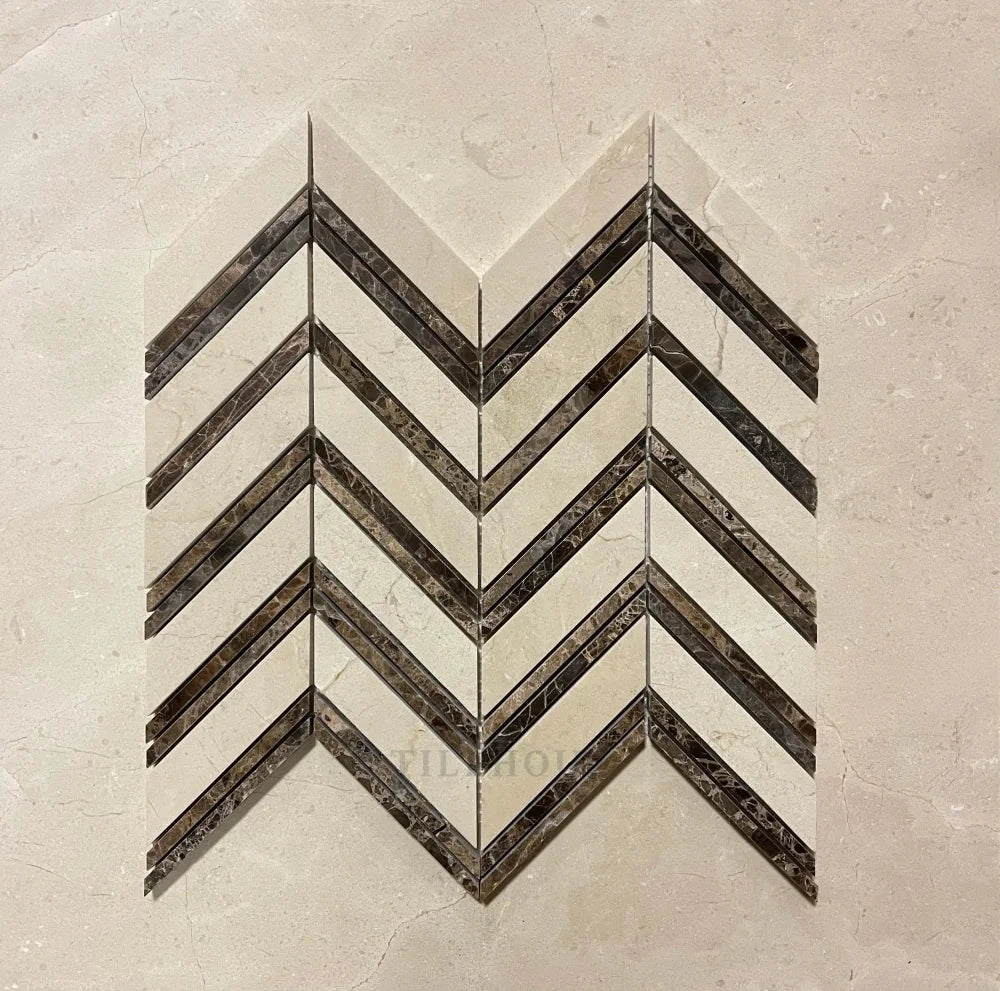 Crema Marfil Marble large chevron tile with Emperador Dark strips, polished/honed by Tilehouz