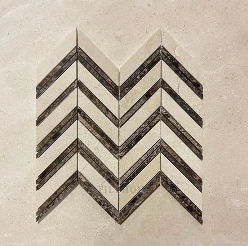 Crema Marfil Marble Large Chevron W/Emperador Dark Strips Polished/Honed