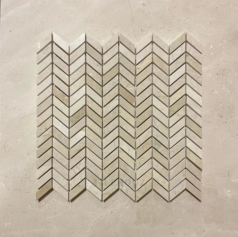Crema Marfil marble mini chevron mosaic tile, polished/honed finish, Tilehouz