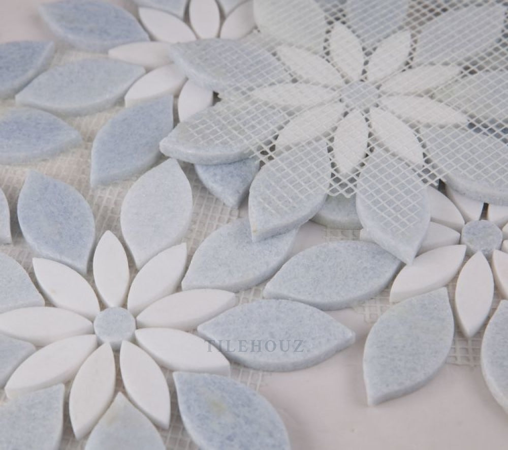 Daisy Bloom Ocean Blue Crystal & Carrara Marble Floral Mosaic