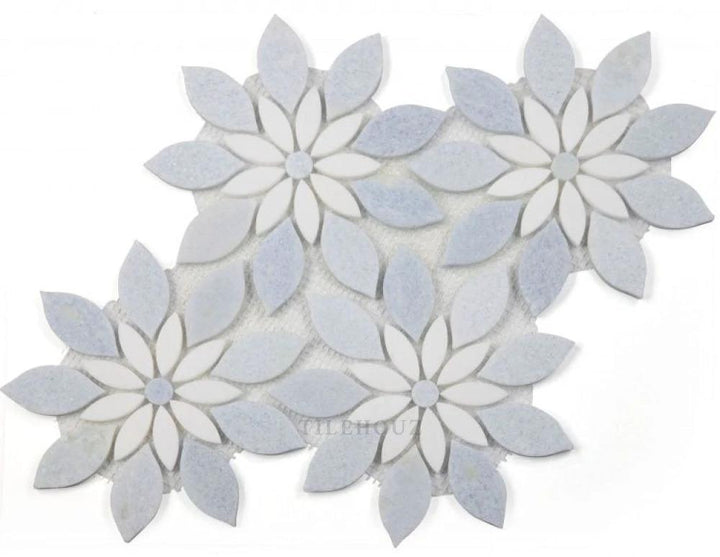 Daisy Bloom Ocean Blue Crystal & Carrara Marble Floral Mosaic