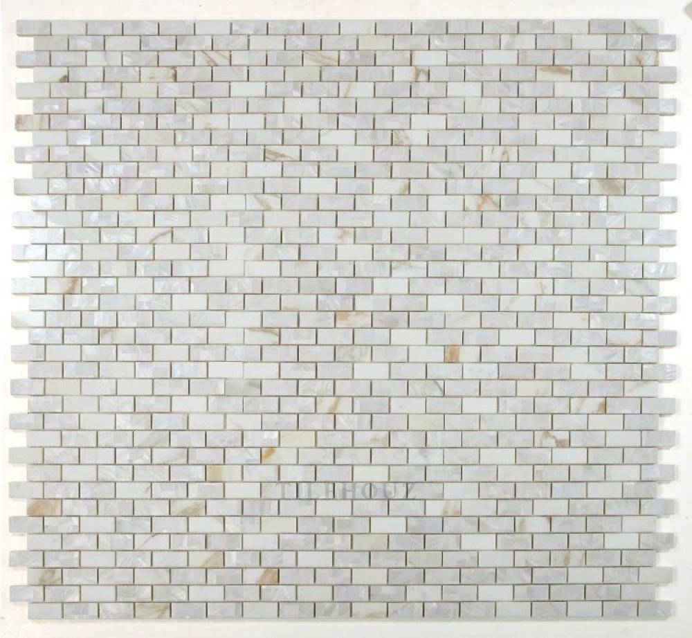 Diana Brick Calacatta Gold Marble & Pearl Mosaic tile, 11.75 x 11.75, pearl white wall tile by Tilehouz