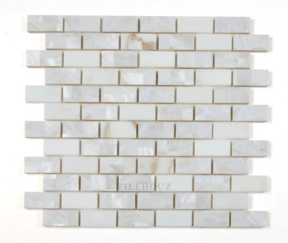Tilehouz Diana Brick Calacatta Gold Pearl mosaic wall tile, white marble 11.75 x 11.75