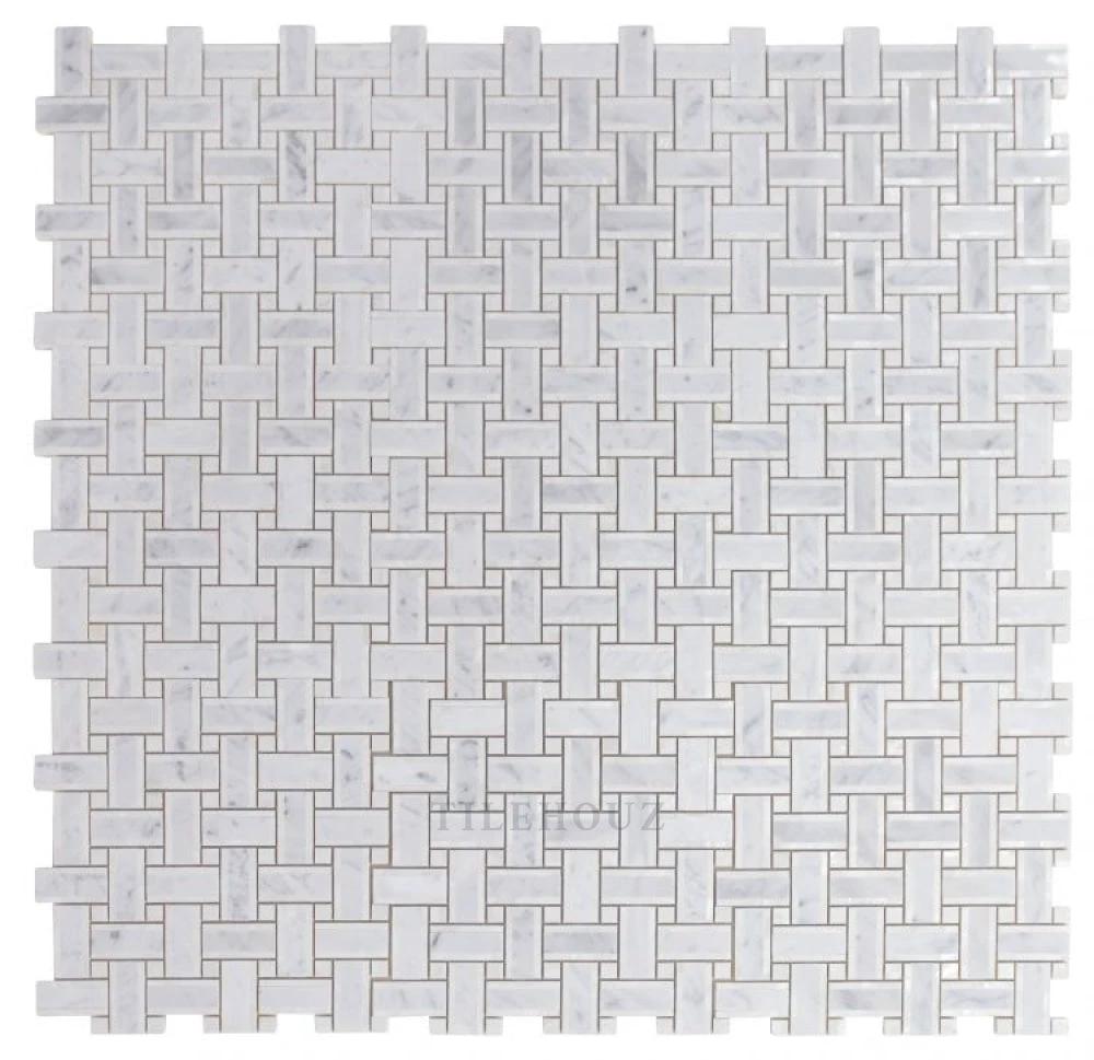 Diana Cross Carrara 12.25 x 12.25 wall tile mosaic in white Carrara marble cross-weave pattern by Tilehouz