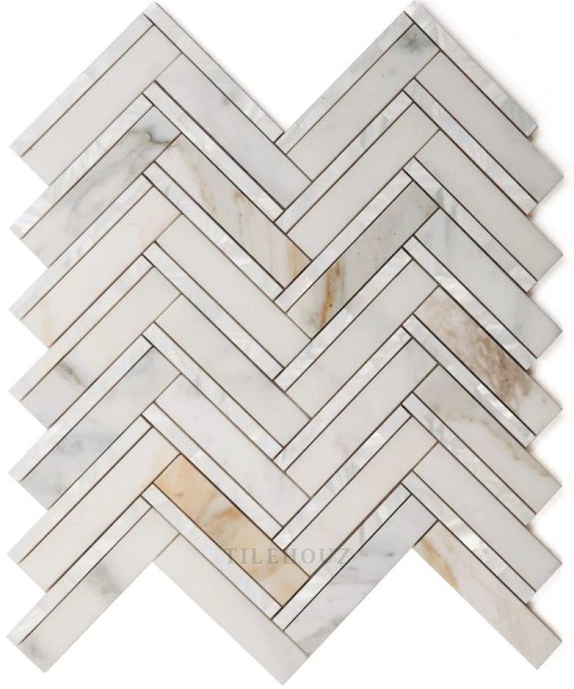 Diana Herringbone Calacatta Pearl wall and ceiling tile by Tilehouz