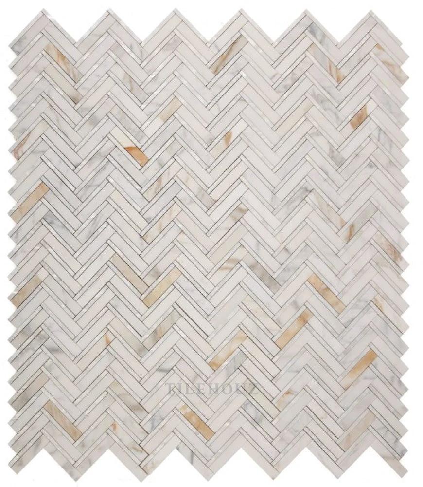Diana Herringbone Calacatta Pearl wall tile, 11x11.75, marble herringbone pattern