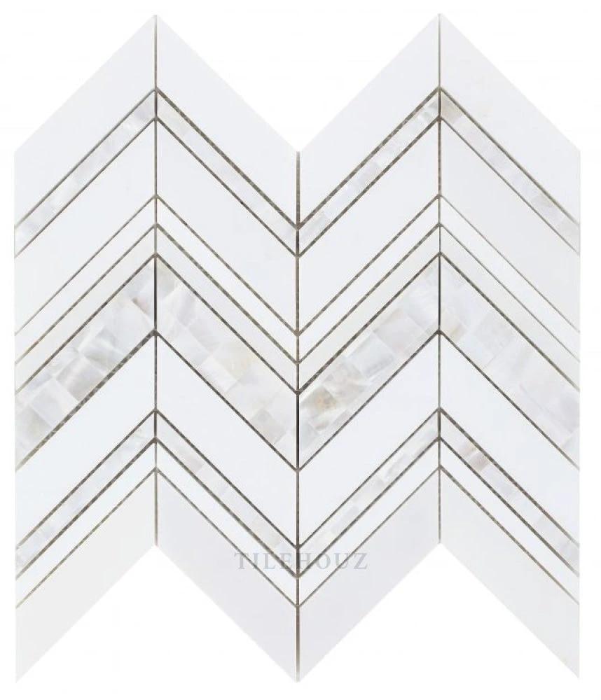 Diana Ravenna pearl wall tile; chevron herringbone pattern with gold-tone lines, Tilehouz